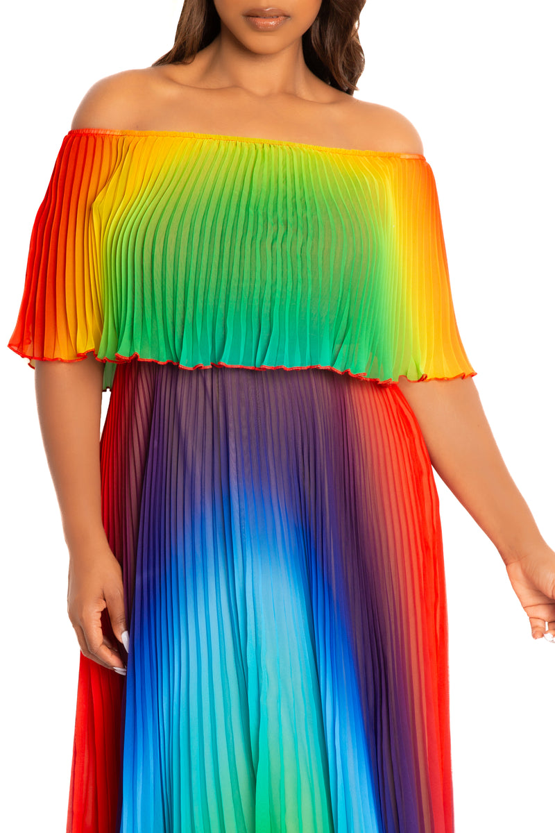 colorful off the shoulder dress Buxom Couture Plus Size Floral Off Shoulder Pleated Maxi Dress