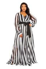 Buxom Couture Curvy Women Plus Size Stripe Surplice Maxi Dress Black and White