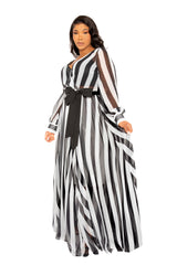 Buxom Couture Curvy Women Plus Size Stripe Surplice Maxi Dress Black and White