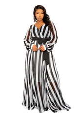 Buxom Couture Curvy Women Plus Size Stripe Surplice Maxi Dress Black and White