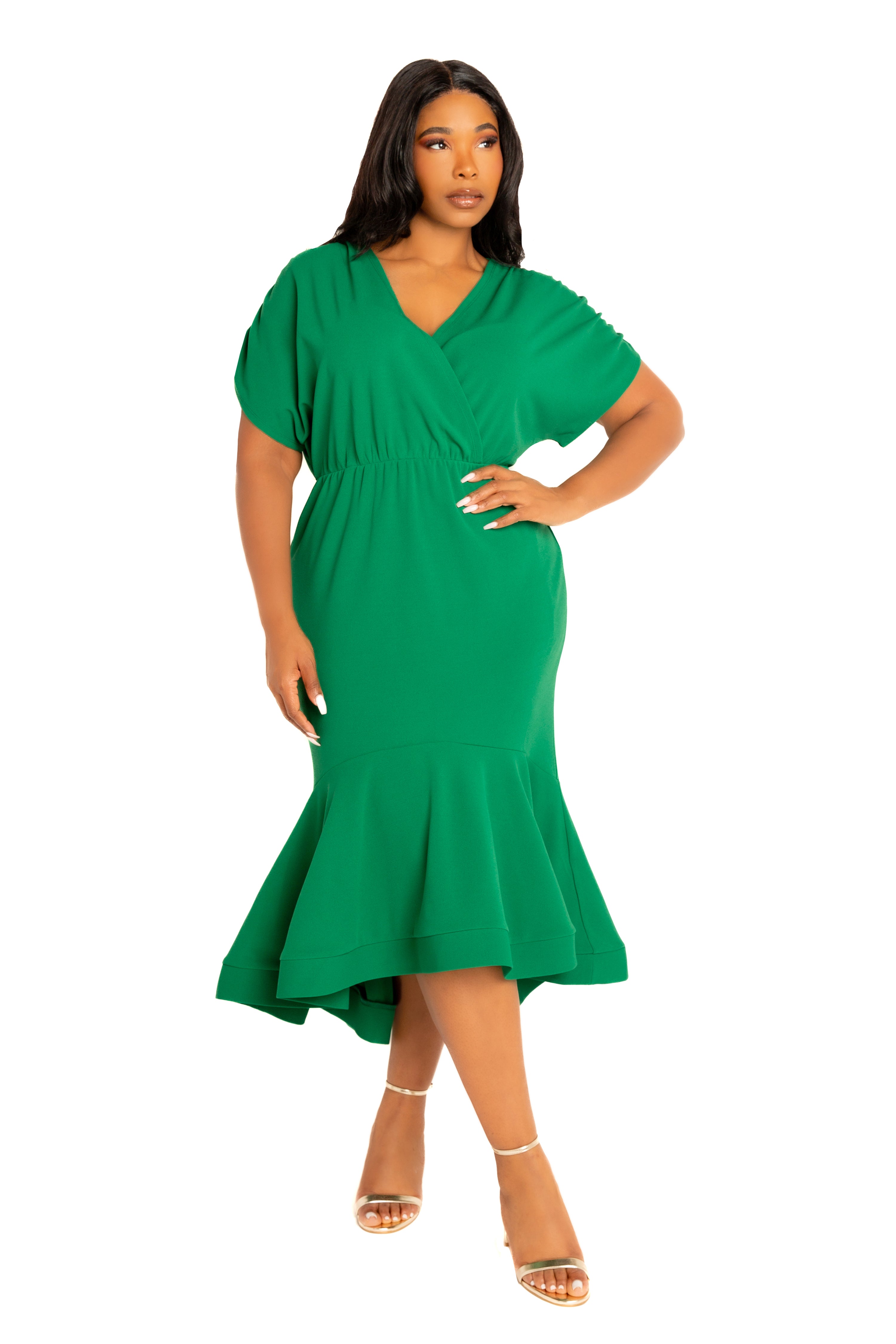 flounced midi dress Buxom Couture Plus Size V-Neck Flounce Hem NOVELTY EMBELLISHMEN Wear to work or Color:Gold Sequin Mackenzie Mode Seeing Stars