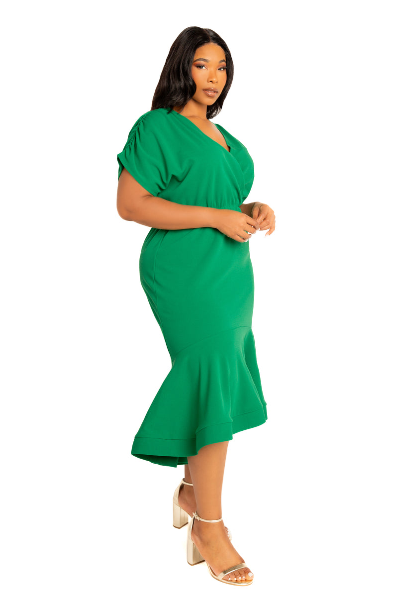 v neck green midi dress Zeda V Neck Midi Dress - Olive Long Sleeve Fit & Flare Knit Dress