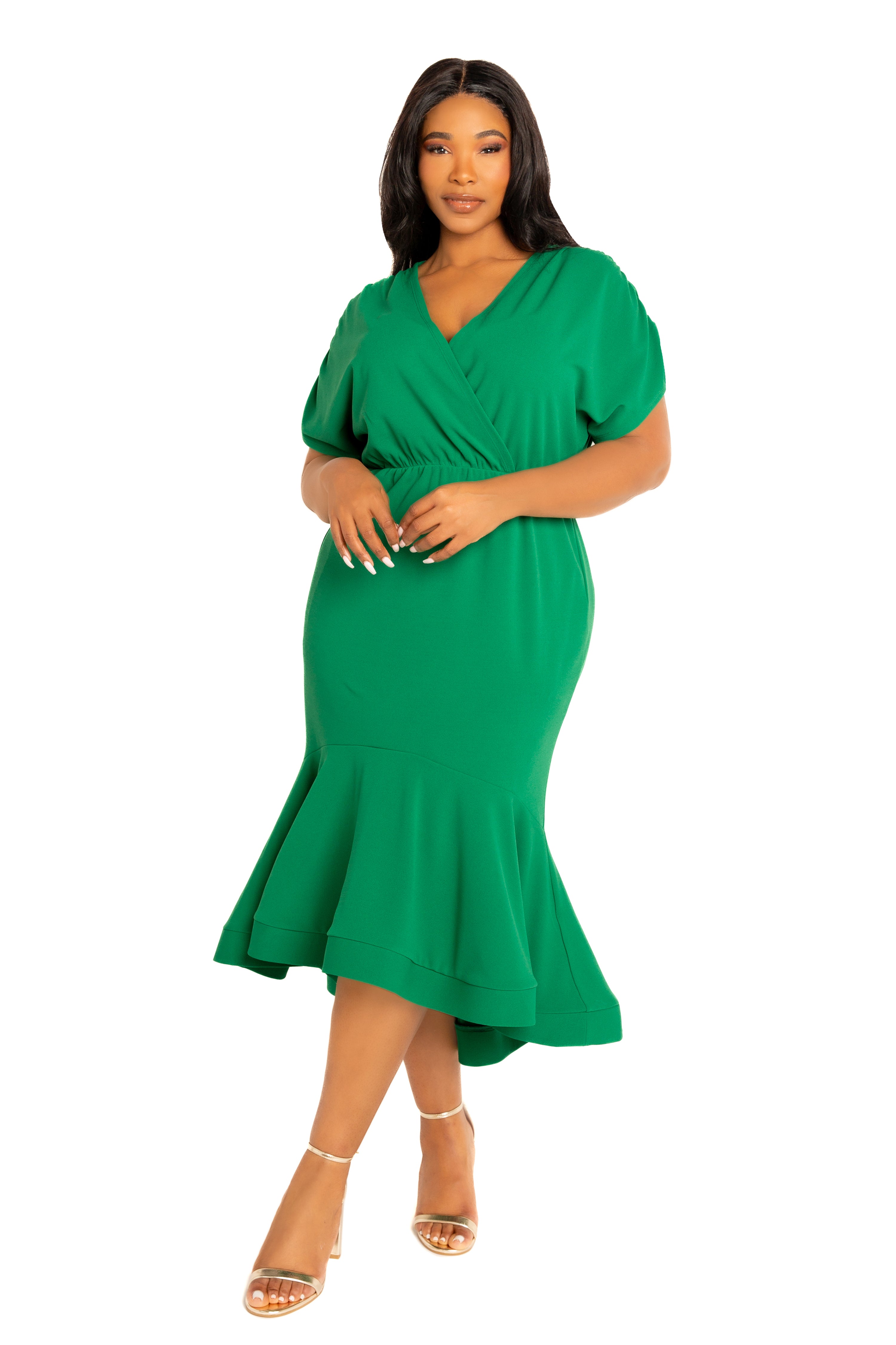 flounced midi dress Buxom Couture Plus Size V-Neck Flounce Hem WOMEN'S LONG SLEEVE V-NECK Measurements Taken From Size Color:sandstone fb_fall26