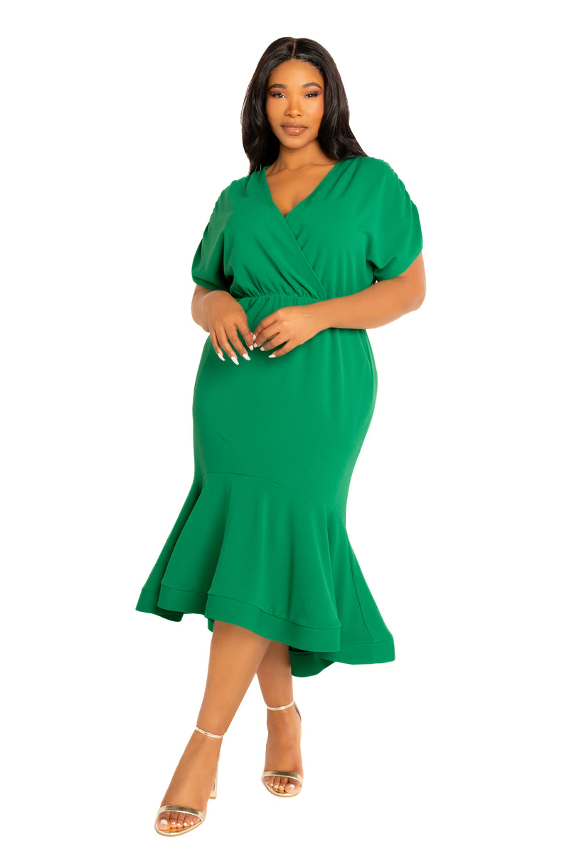 Buxom Couture Plus Size V-Neck Flounce Hem Midi Dress