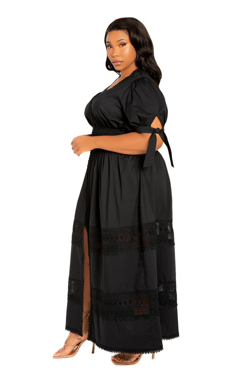 black eyelet maxi dress Buxom Couture Plus Size Puff Sleeve Tiered neck Invisible zipper with Size:Pre-order 4XL Glamorous Black and Silver feature:TRIM