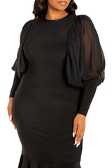 Contrast Voluminous Sleeve Bodycon Dress