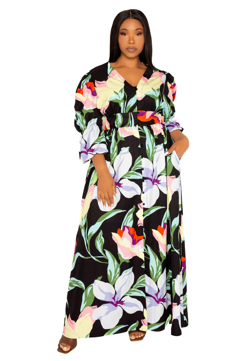 Buxom Couture Plus Size Floral Puff Sleeve Maxi Dress - Black Multi Buxom Couture Plus Size Floral Puff Sleeve Maxi Dress - Black Multi