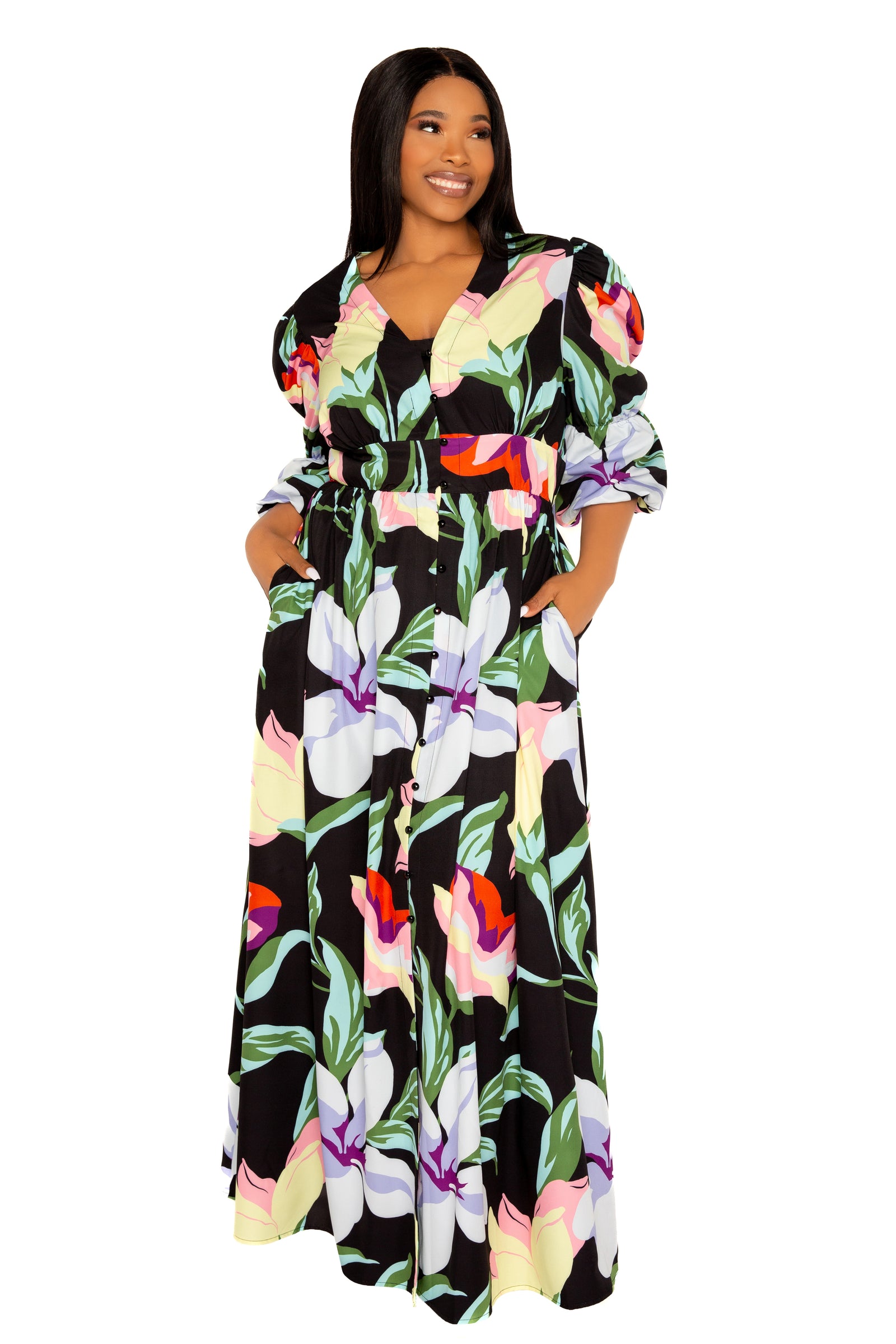 knee length dresses for ladies Buxom Couture Plus Size Floral Puff Sleeve Maxi Dress