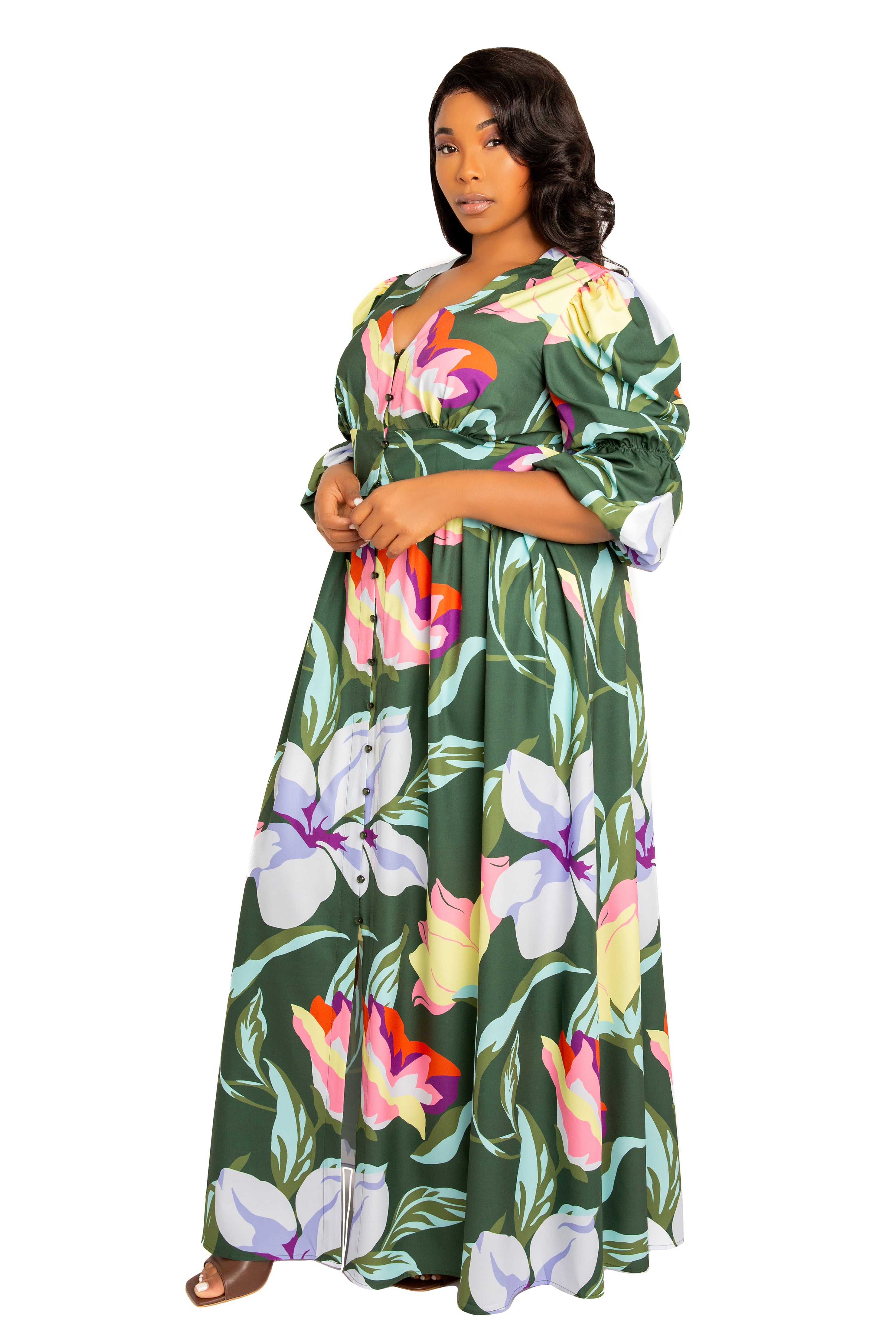 Buxom Couture Plus Size Floral Puff Sleeve Maxi Dress - Olive multi Buxom Couture Plus Size Floral Puff Sleeve Maxi Dress - Olive multi
