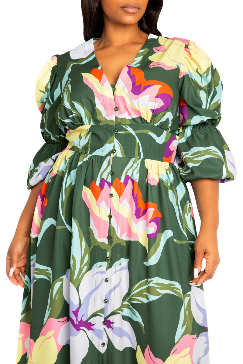 Buxom Couture Plus Size Floral Puff Sleeve Maxi Dress - Olive multi Buxom Couture Plus Size Floral Puff Sleeve Maxi Dress - Olive multi