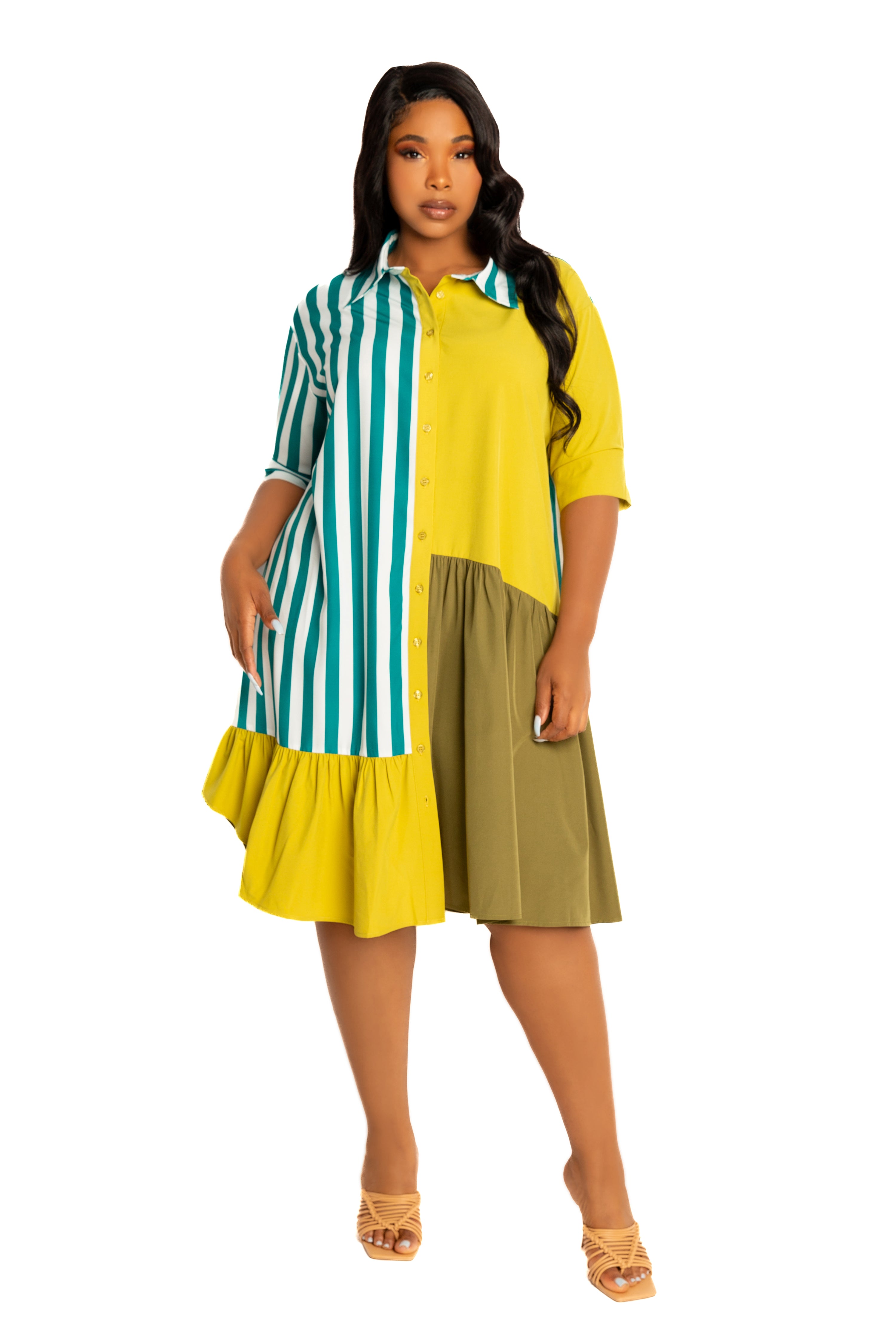 yellow stripe shirt dress Buxom Couture Women's Plus Size Mixed Dress Fit:Regular The classic seersucker fabric Plus size clothing Idalene denim midi dress
