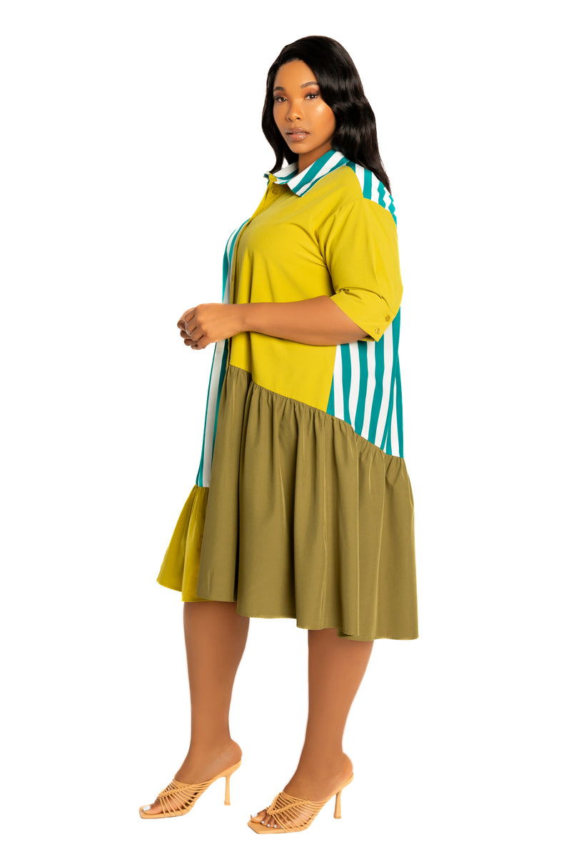Buxom Couture Women's Plus Size Mixed Stripe Shirt Dress - Olive multi