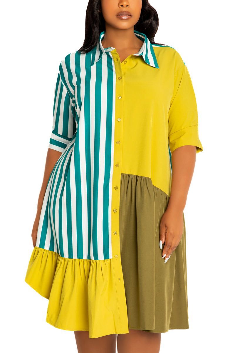 Buxom Couture Women's Plus Size Mixed Stripe Shirt Dress Buxom Couture Women's Plus Size Mixed Stripe Shirt Dress