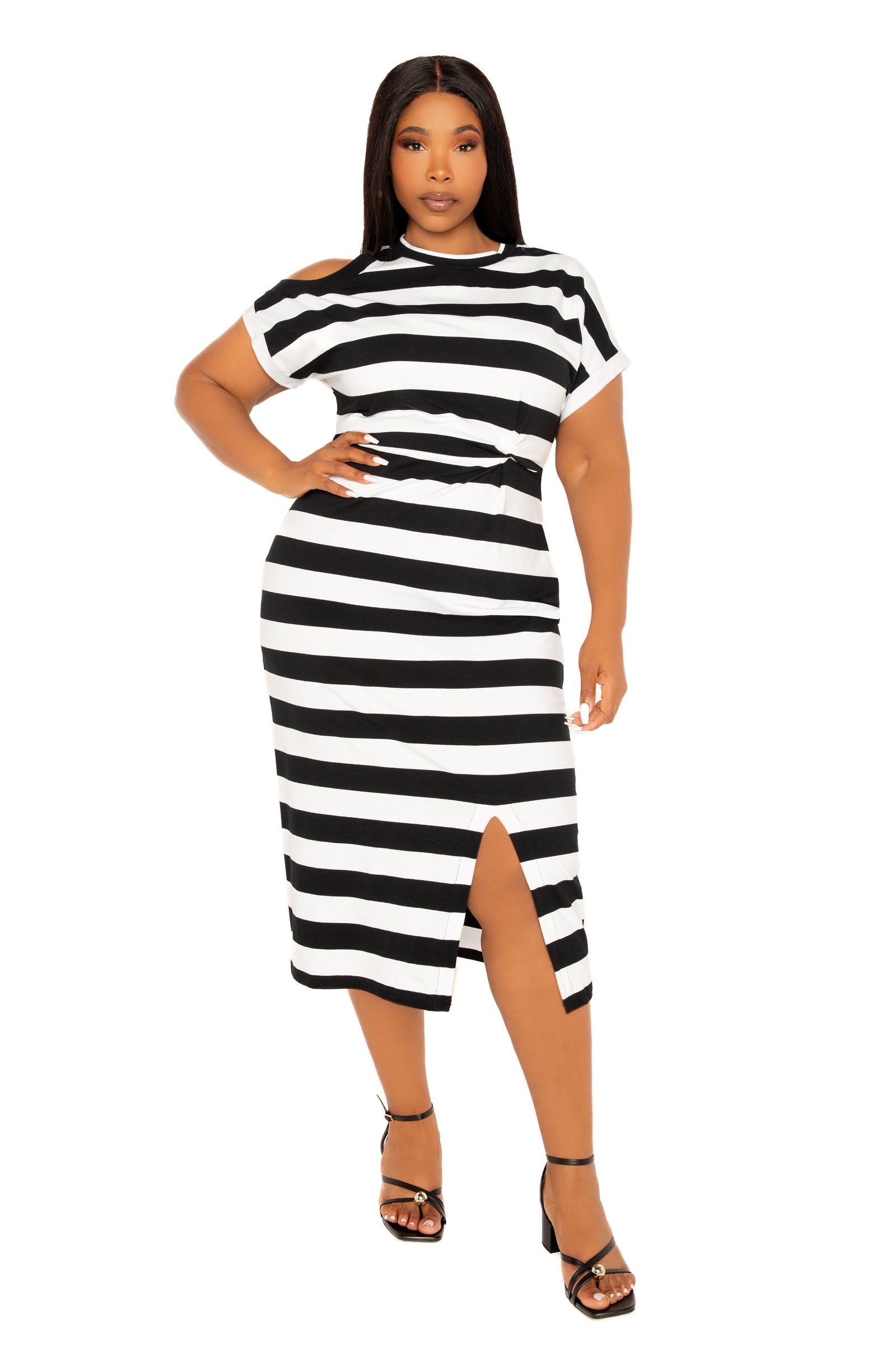 Buxom Couture Plus Size Cut Out Shoulder Stripe Jersey Dress - Black Stripe