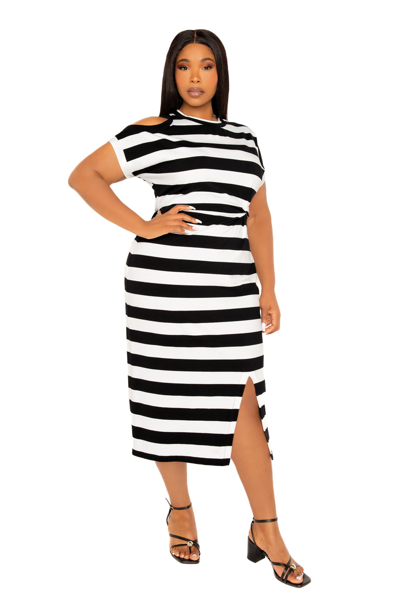 Buxom Couture Plus Size Cut Out Shoulder Stripe Jersey Dress - Black Stripe Buxom Couture Plus Size Cut Out Shoulder Stripe Jersey Dress - Black Stripe