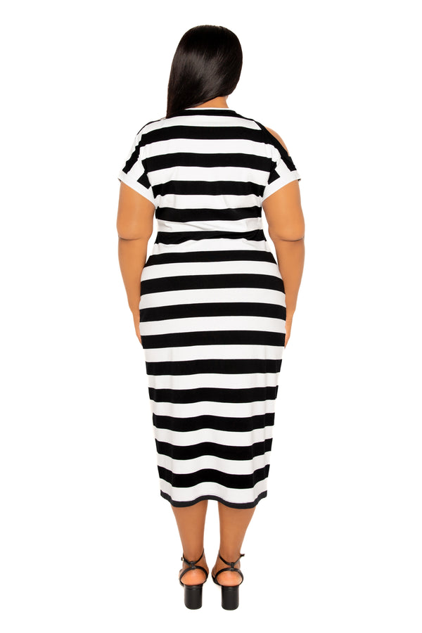 Cut Out Shoulder Stripe Jersey Dress
