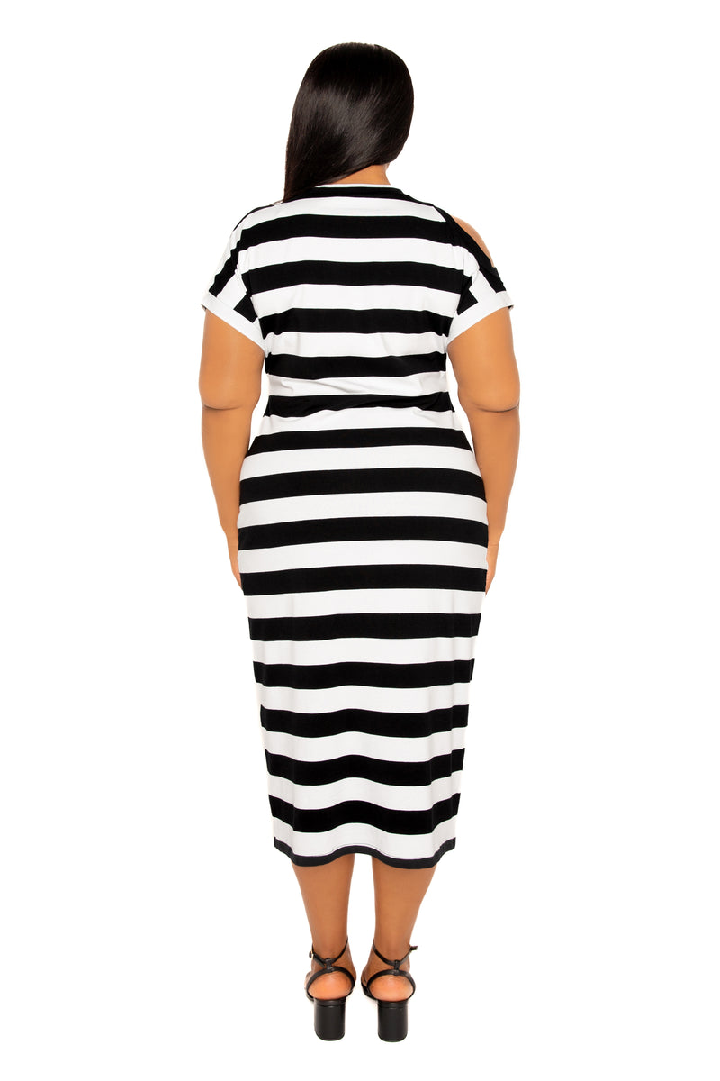 Cut Out Shoulder Stripe Jersey Dress