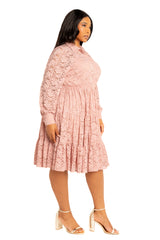 Lace Long Sleeve Tiered Shirt Dress