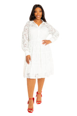 Lace Long Sleeve Tiered Shirt Dress
