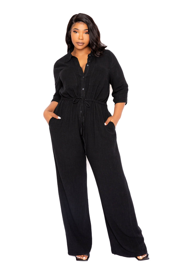 Buxom Couture Curvy Women Plus Size Wide Leg Linen Shirt Jumpsuit Black