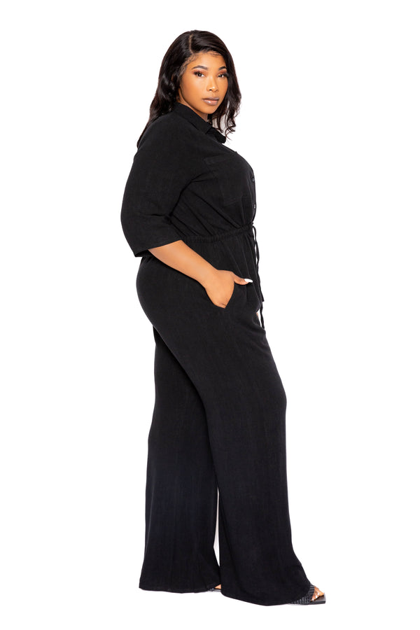 Buxom Couture Curvy Women Plus Size Wide Leg Linen Shirt Jumpsuit Black