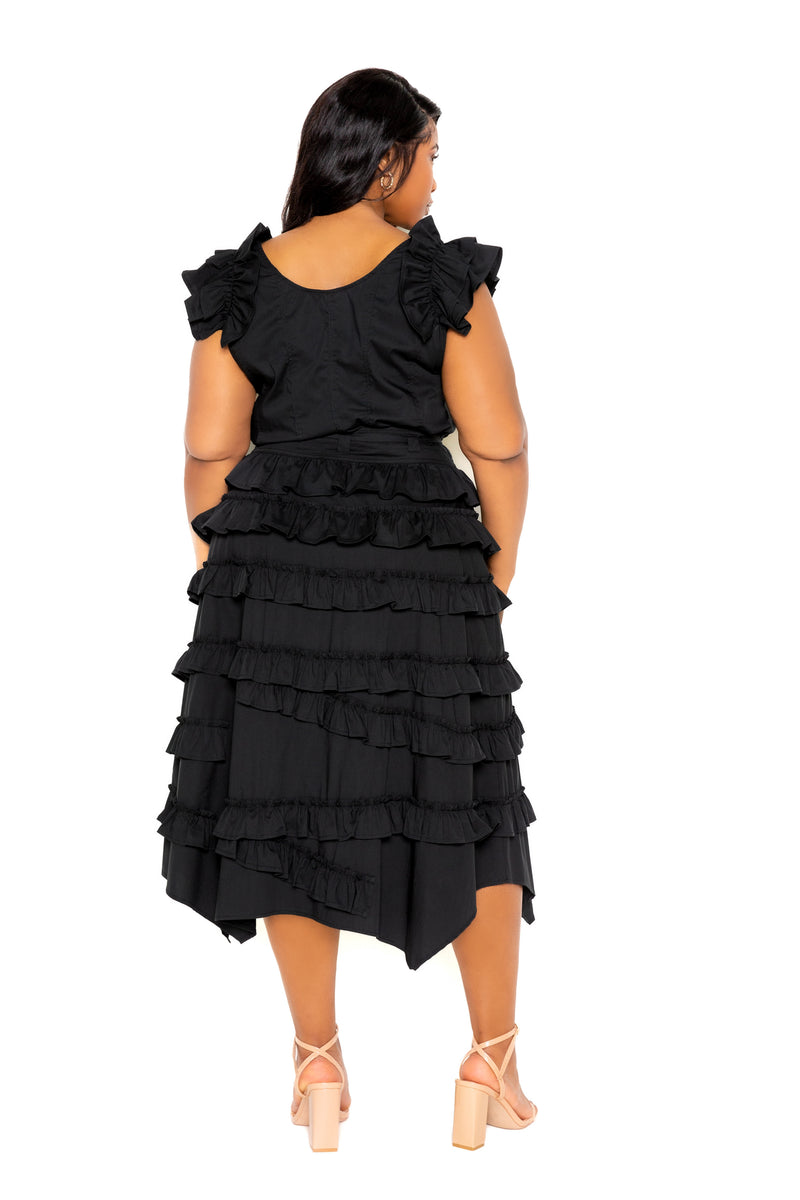 Buxom Couture Curvy Women Plus Size Ruffle Peplum Top and Tiered Skirt Set Black
