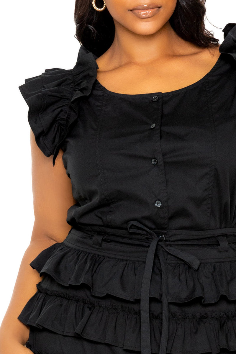 Buxom Couture Curvy Women Plus Size Ruffle Peplum Top and Tiered Skirt Set Black