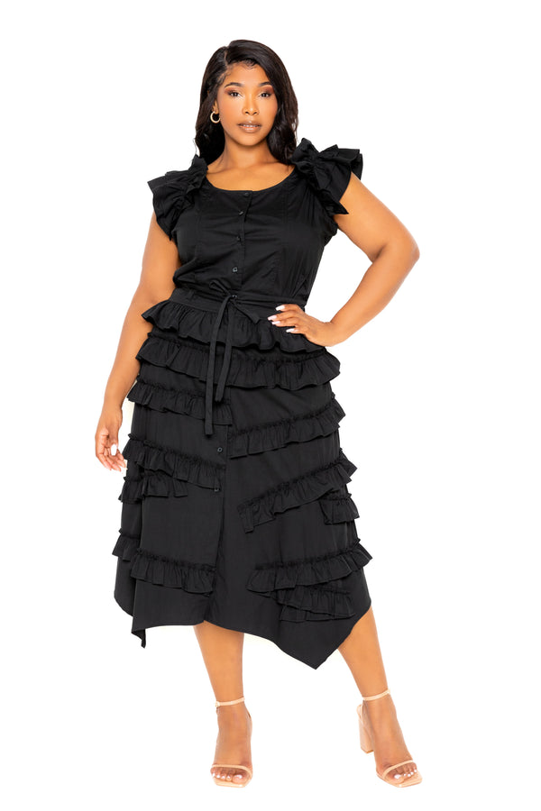 Buxom Couture Curvy Women Plus Size Ruffle Peplum Top and Tiered Skirt Set Black