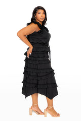 Buxom Couture Curvy Women Plus Size Ruffle Peplum Top and Tiered Skirt Set Black