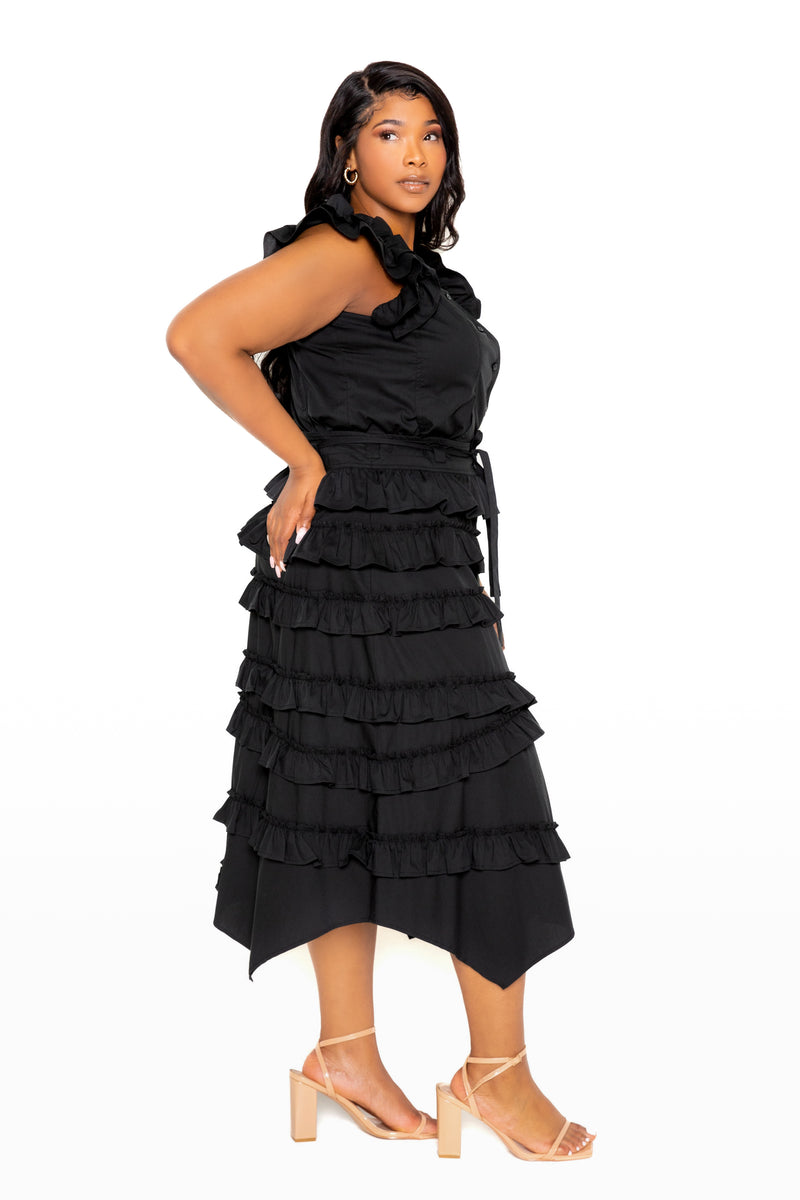 Buxom Couture Curvy Women Plus Size Ruffle Peplum Top and Tiered Skirt Set Black