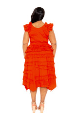 Buxom Couture Curvy Women Plus Size Ruffle Peplum Top and Tiered Skirt Set Rust Orange