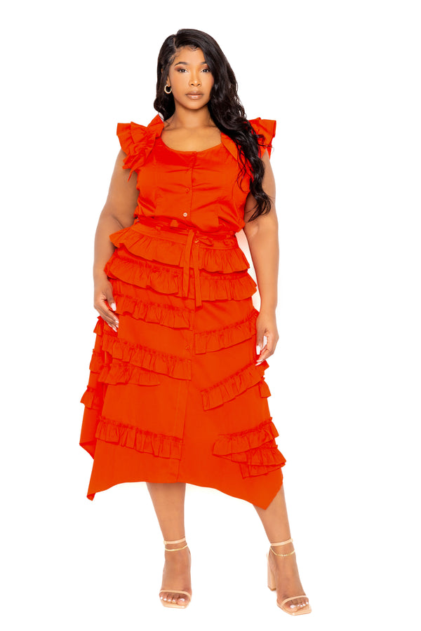 Buxom Couture Curvy Women Plus Size Ruffle Peplum Top and Tiered Skirt Set Rust Orange