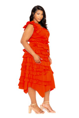 Buxom Couture Curvy Women Plus Size Ruffle Peplum Top and Tiered Skirt Set Rust Orange