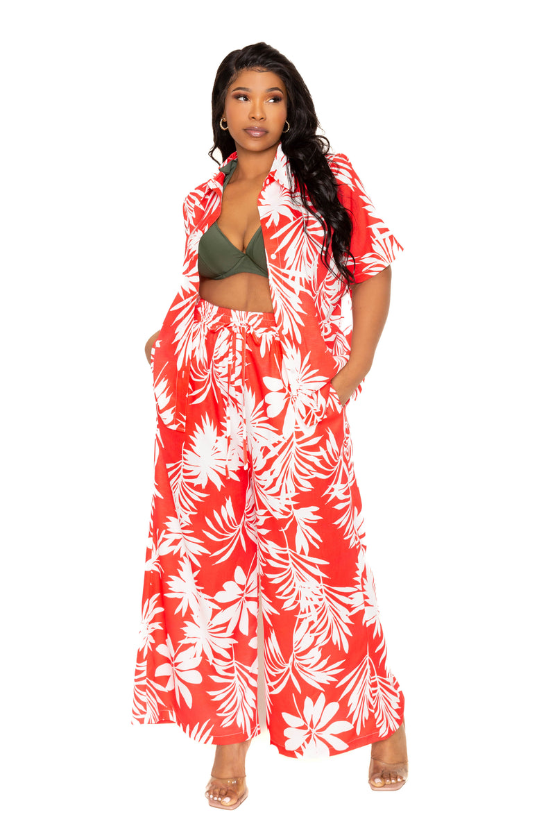 Buxom Couture Curvy Women Plus Size Tropical Two Piece Shirt and Pants Set Red Floral