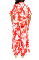 Buxom Couture Curvy Women Plus Size Tropical Two Piece Shirt and Pants Set Red Floral