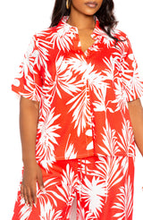 Buxom Couture Curvy Women Plus Size Tropical Two Piece Shirt and Pants Set Red Floral