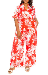 Buxom Couture Curvy Women Plus Size Tropical Two Piece Shirt and Pants Set Red Floral