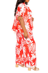 Buxom Couture Curvy Women Plus Size Tropical Two Piece Shirt and Pants Set Red Floral