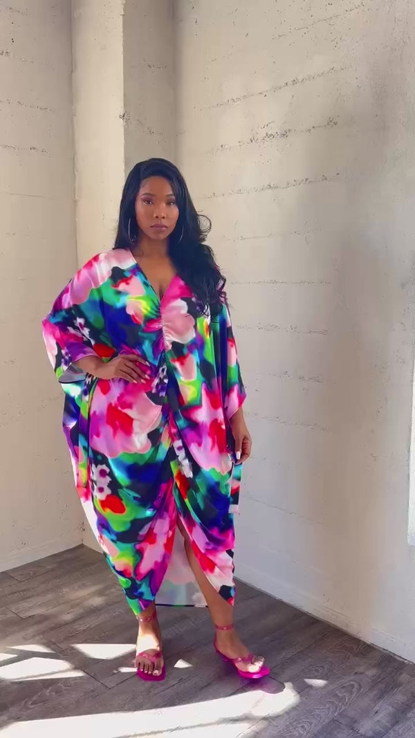 Printed Cinch Waist Kaftan Dress