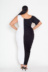 buxom curvy couture womens plus size colorblock dress with slit and cowl in black and white