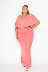 buxom couture curvy women plus size flounce off shoulder maxi dress pink orange coral
