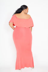 buxom couture curvy women plus size flounce off shoulder maxi dress pink orange coral