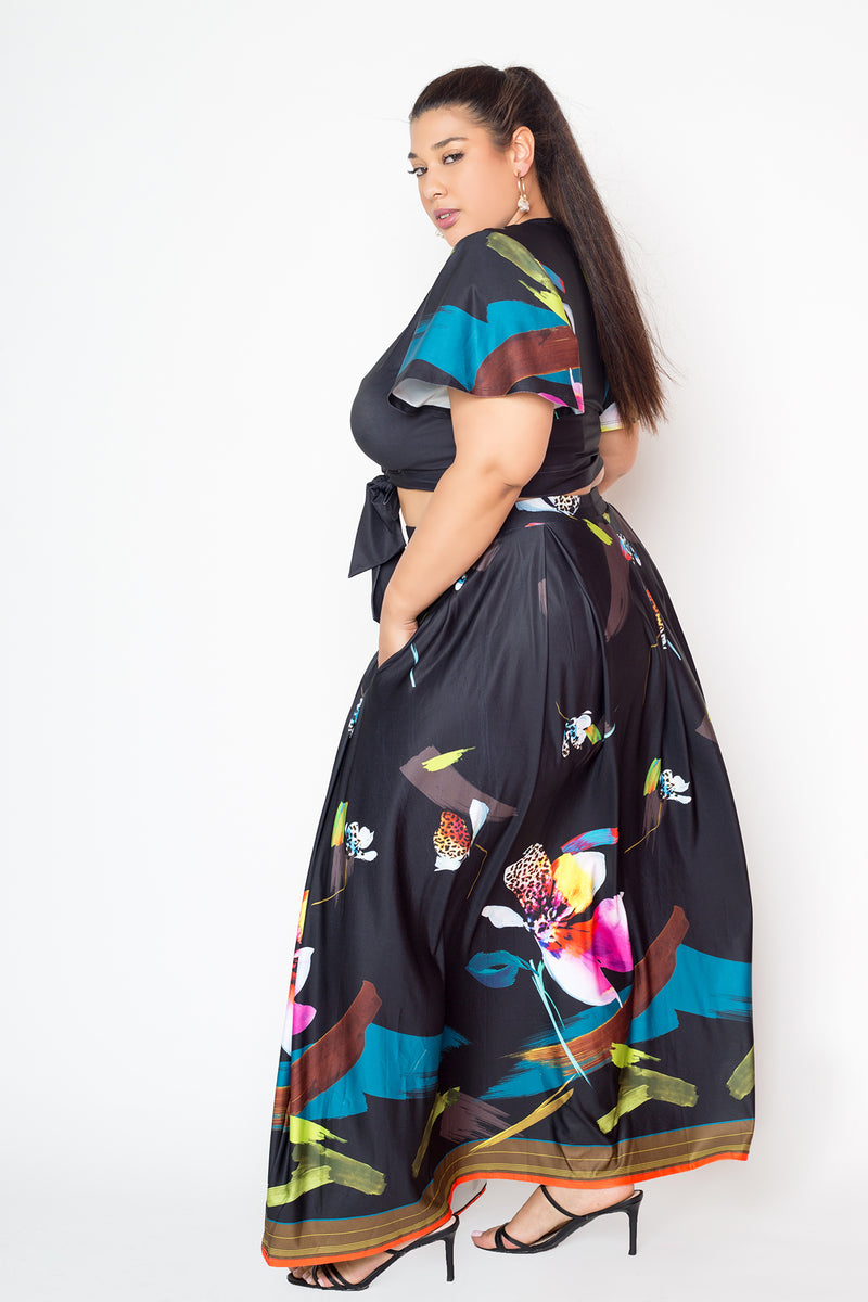 buxom couture curvy women plus size tropical floral print maxi dress skirt crop top matching set black