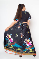 buxom couture curvy women plus size tropical floral print maxi dress skirt crop top matching set black