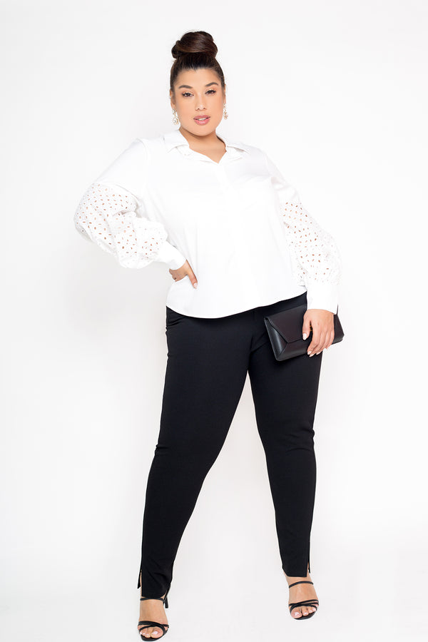 buxom curvy couture womens plus size white button down with eyelet puffed sleeves