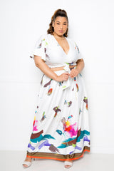buxom couture curvy women plus size tropical floral print maxi dress skirt crop top matching set white