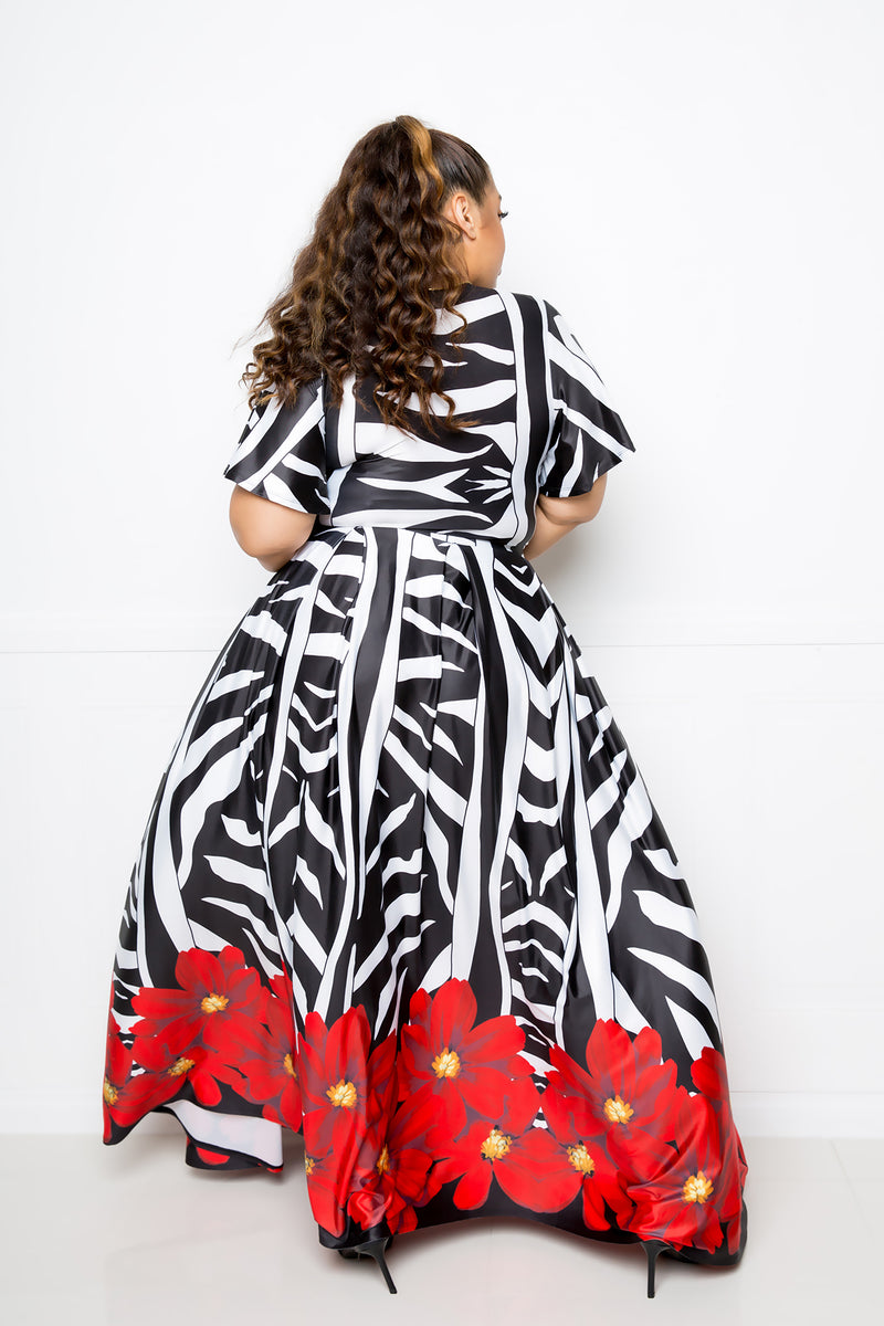 buxom couture curvy women plus size zebra cropped top and maxi skirt floral set
