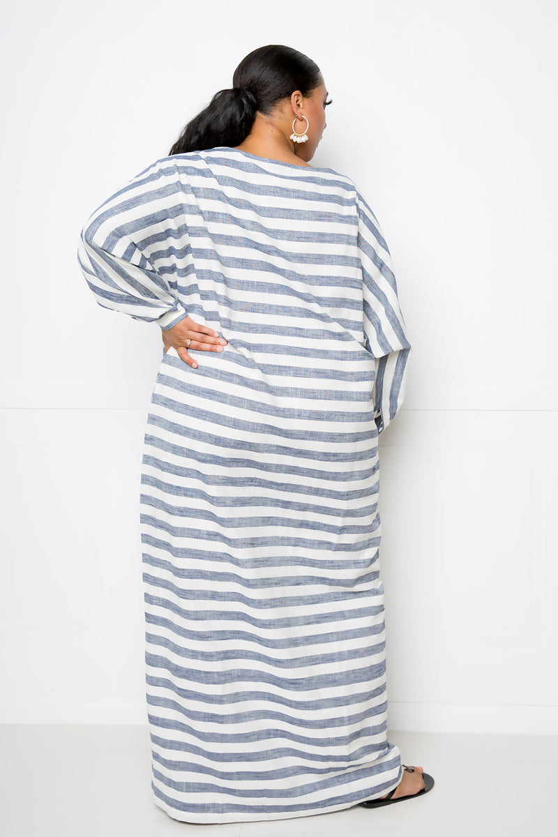 buxom curvy couture women plus size striped linen loose maxi dress navy