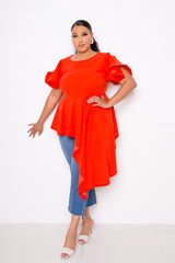 buxom couture curvy women plus size flutter asymmetrical peplum top red orange