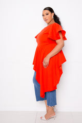 buxom couture curvy women plus size flutter asymmetrical peplum top red orange
